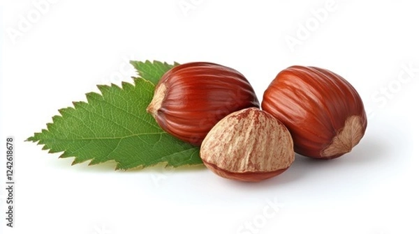 Obraz Three Hazelnuts with Green Leaf on White Background