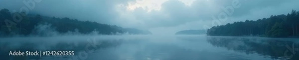 Fototapeta Cloudy sky with a misty lake scene and atmospheric effects, serene, fog, darkness