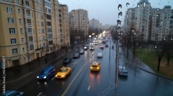 Obraz Rainy Cityscape Viewed Through a Window