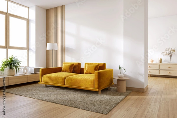 Obraz Scandinavian  interior living room with brown armchair and modern lamp  on wooden floor with white wall .3drender