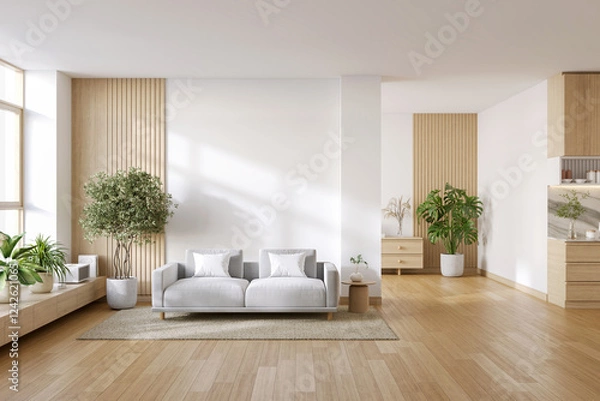 Obraz Modern  minimal interior living room with white sofa and wooden floor wiht  white wall .3drender