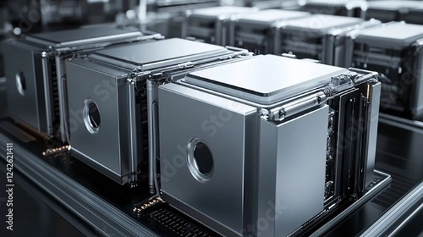 Fototapeta Closeup of quantum computing processors working on a futuristic motherboard