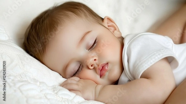 Fototapeta A baby sleeping peacefully in a parent's arms, with a soft focus on the infant's serene face.