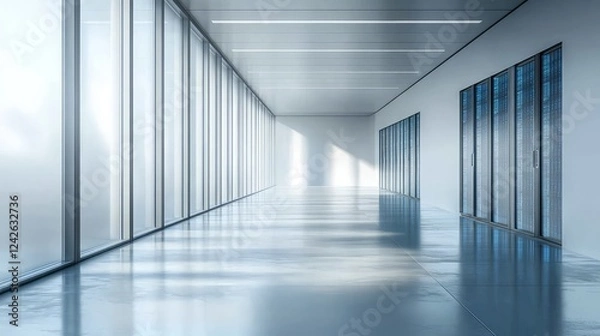 Fototapeta A modern hallway with large windows and sleek design, showcasing clarity and brightness.