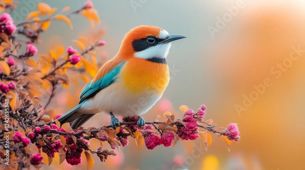 Fototapeta A vibrant bird perched on a branch surrounded by colorful autumn foliage.