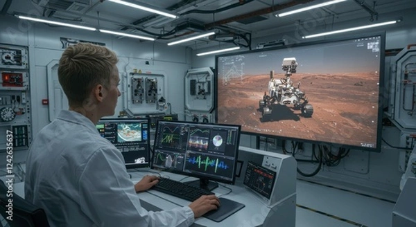 Fototapeta Monitoring Mars Rover Mission Control: A focused scientist monitors data from a Mars rover mission on a large screen in a high-tech control room.
