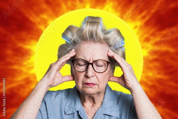 Obraz Portrait of an elderly woman in glasses and curlers holding her head and wincing from a headache, against the background of a large sun with solar flares and swirls of solar radiation
