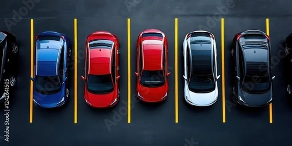 Fototapeta Aerial view of parked cars in a parking lot urban setting top-down perspective organized layout