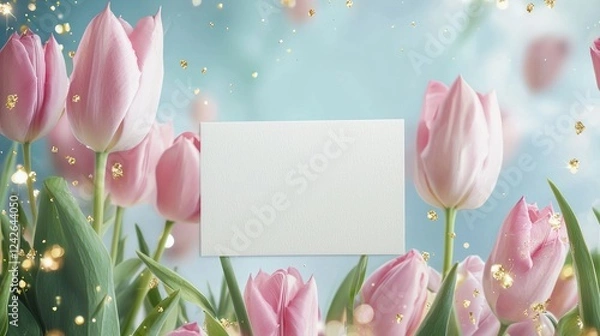 Fototapeta Valentine mockup card and heart background minimal. Blank Card Surrounded By Pink Tulips and Sparkling Lights Springtime Celebration Backdrop.