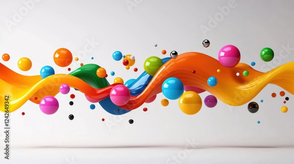 Fototapeta Colorful abstract design with vibrant swirling ribbons and floating spheres, creating dynamic and energetic visual effect. composition emphasizes movement and creativity
