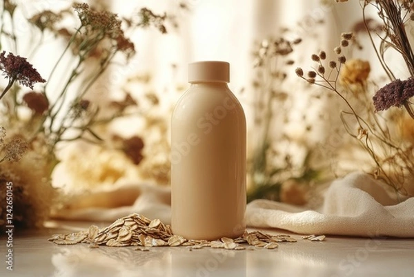 Obraz Creamy oat milk in a glass bottle surrounded by oats and wildflowers