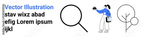 Fototapeta Person holding a small object next to folded arms, magnifying glass, and tree abstract art. Ideal for research, exploration, environmental themes, minimal design, education, search concepts flat