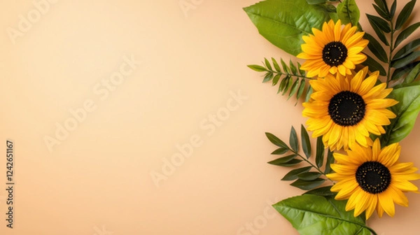 Fototapeta Three vibrant sunflowers with lush green leaves are arranged on neutral background, creating cheerful and natural composition
