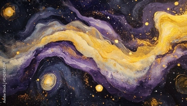 Fototapeta Cosmic River of Gold and Purple: An abstract painting depicting a swirling river of gold and purple, resembling a celestial galaxy with glittering stars.