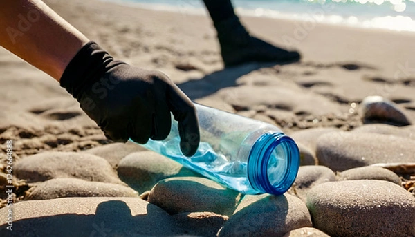 Fototapeta Gloved hand picking up a broken clear plastic water bottle from sandy beach on a sunny day. Environmental cleanup, pollution awareness, and recycling concept with ocean waves blurred in the background