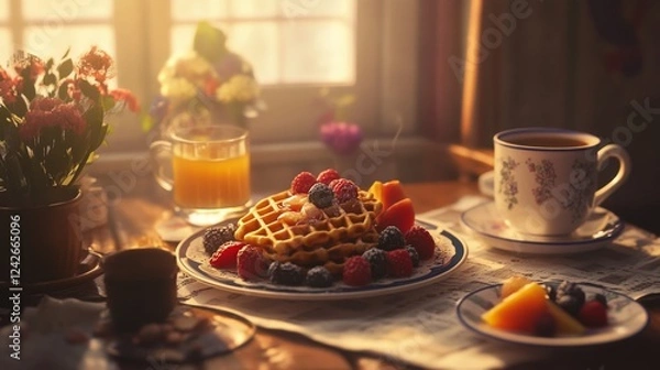 Fototapeta Cozy Breakfast Scene with Waffles and Fresh Fruit on a Table