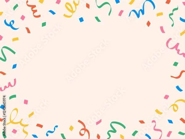 Fototapeta Cute abstract frame of colorful confetti, lines, ribbons, curls on light background, hand drawn illustration, flat style, copy space
