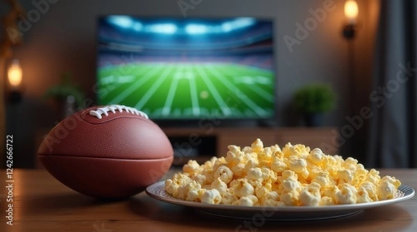 Fototapeta Football and popcorn ready for a game night in front of a big screen TV