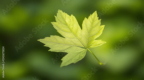 Fototapeta A Single Maple Leaf: A delicate maple leaf, vibrant green with a subtle hint of yellow, floats gently against a blurred backdrop of verdant foliage, capturing the essence of nature's artistry.