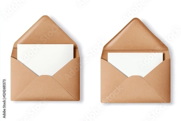 Fototapeta Two open kraft envelopes with blank cards, white background, stationery mockup