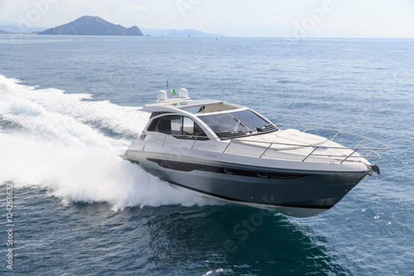 Fototapeta luxury motor boat, rio yachts italian shipyard, aerial view