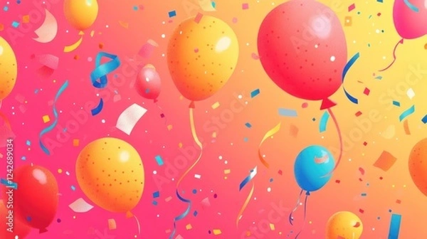 Fototapeta Colorful balloons and confetti floating on a vibrant gradient background, celebrating a festive occasion.