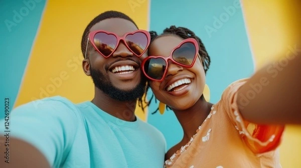 Obraz Smiling young couple in sunglasses enjoy summer beach fun together