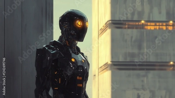 Fototapeta A masked warrior in black stands guard, rifle at the ready, while a girl in the window and a woman in a black dress observe