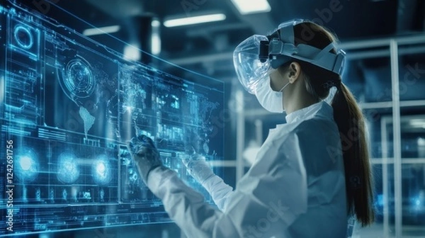 Fototapeta A digital montage of business people working in a global network, showcasing the future of technology and communication