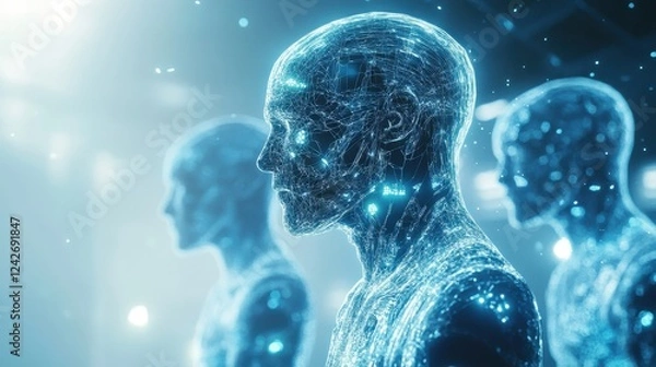 Fototapeta A 3D illustration of a human head and body, with abstract blue bubbles and light, suggesting the science of the mind