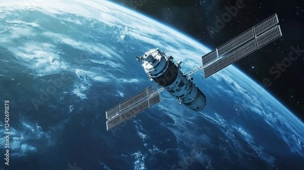 Fototapeta Blue lines of technology connect Earth, a distant planet, and a lone satellite in the abstract space