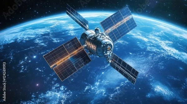 Fototapeta A communication satellite orbits Earth, a testament to global technology in space
