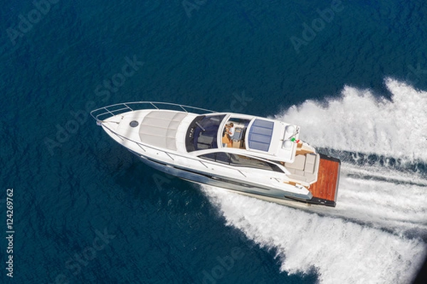 Fototapeta luxury motor boat, rio yachts italian shipyard, aerial view