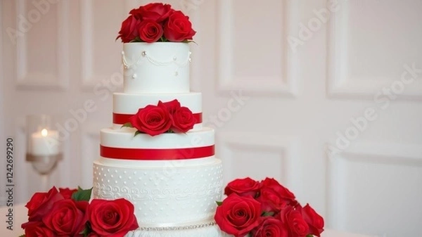 Fototapeta A stunning three tier cake embellished with red and white roses, ideal for weddings and celebrations, confectionery, wedding cake, white