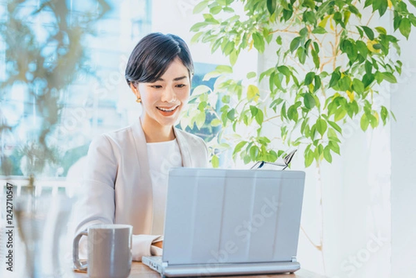 Obraz カフェの明るい窓際でパソコンで仕事をする30代の笑顔の女性