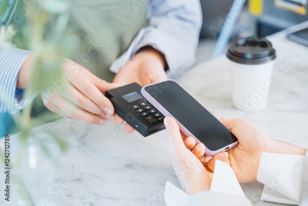 Obraz 飲食店でテイクアウトコーヒーをスマートフォンのタッチ決済で購入する女性の手元