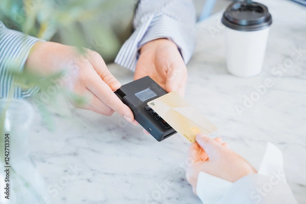 Obraz 店舗でのショッピングをクレジットカードのタッチ決済で行う女性の手元