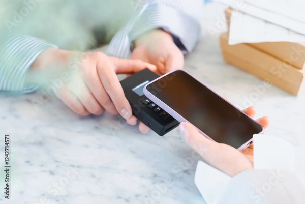 Obraz お店の商品をスマートフォンのキャッシュレス決済のタッチで買う女性の手元
