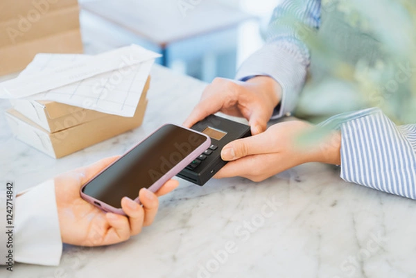 Obraz 店舗で購入したテイクアウトの食事の支払いをスマートフォンのタッチで決済する女性の手元