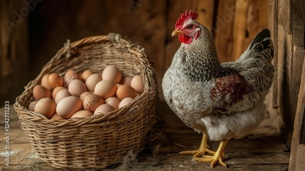 Fototapeta A hen proudly stands next to a wicker basket overflowing with fresh, brown eggs, a rustic scene evoking images of farm life and the bounty of nature.