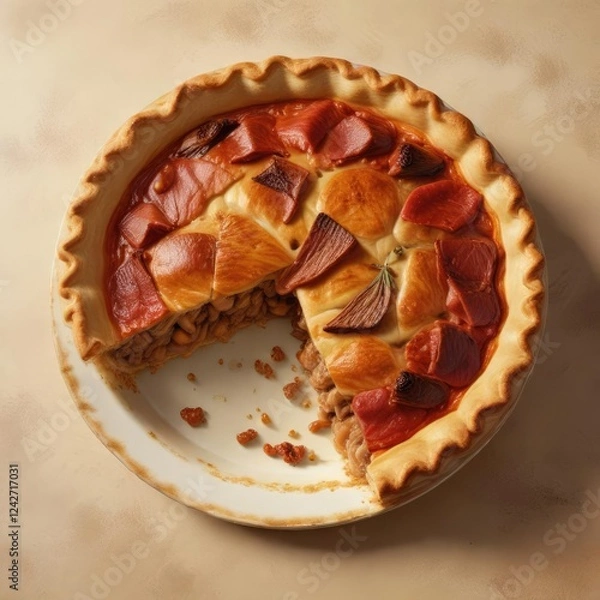 Fototapeta Warmly glowing pie with golden crust and savory meat filling on a light beige background, baked, pie