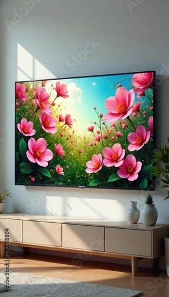 Fototapeta Wall-mounted TV shows a garden of blossoming flowers, colorful, floral