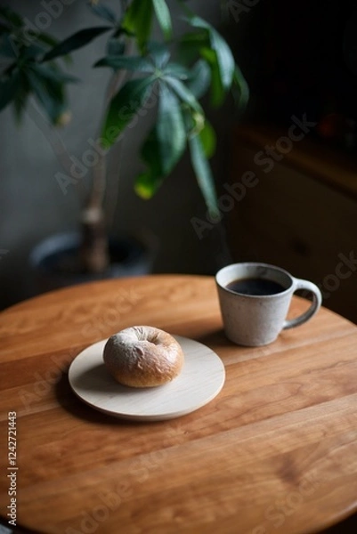 Obraz 朝ごはんのベーグルとコーヒー