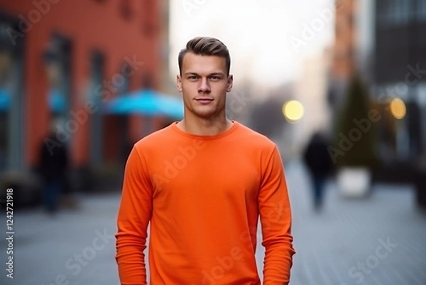 Obraz A man in an orange shirt stands on a sidewalk in front of a building