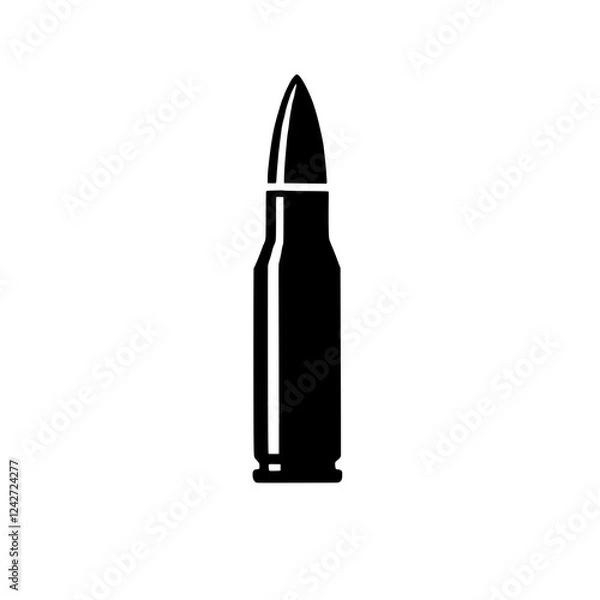 Fototapeta Bullet Icon: A stark black silhouette of a single bullet cartridge, symbolizing power, danger, or conflict, ideal for various design projects. 