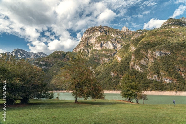 Fototapeta  A breathtaking view of majestic mountains, a tranquil lake, and lush greenery under a partly cloudy sky. A lone traveler admires the stunning scenery, evoking a sense of peace and wanderlust.