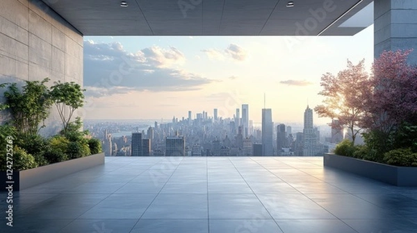 Fototapeta Stunning Cityscape View from Modern Rooftop Terrace Overlooking Downtown Skyscrapers at Sunset in New York City