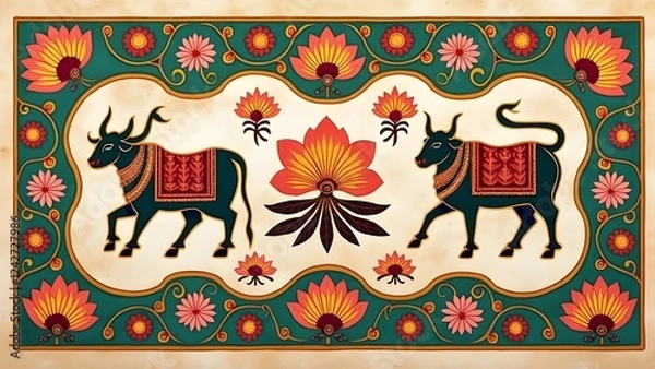 Fototapeta Sacred Pichwai Lotus and Cow Pattern in Deep Maroon and Gold