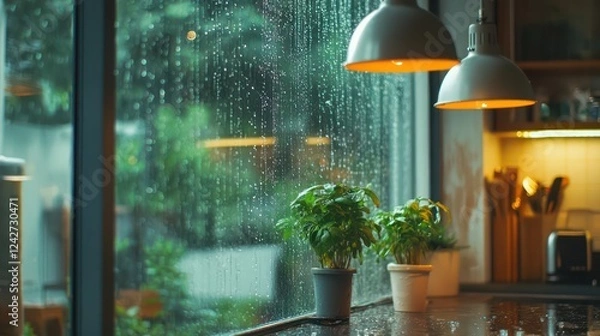 Obraz Cozy Kitchen Window with Rain and Warm Lights