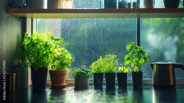 Obraz Rainy Day Vibes in a Kitchen with Greenery